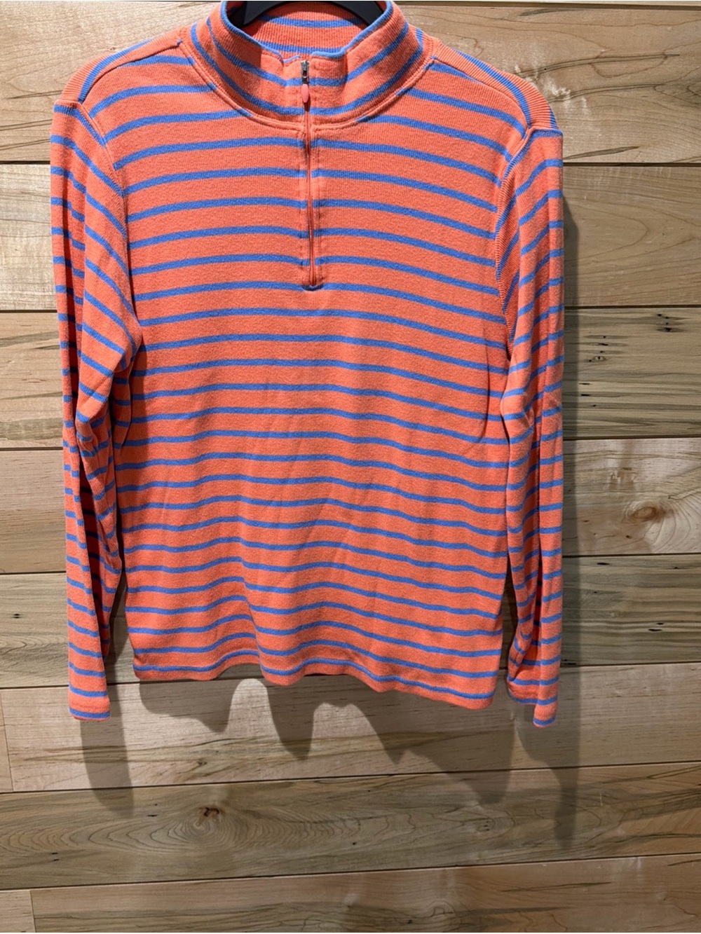 L.L. Bean Coral and Blue Striped Half-Zip Mock Neck Sweatshirt